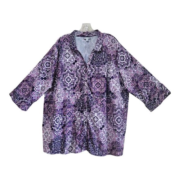 CATHERINES Women Plus 2X Blouse Buttons No Iron Purple Medallions Quick Dry 54" - Picture 1 of 6